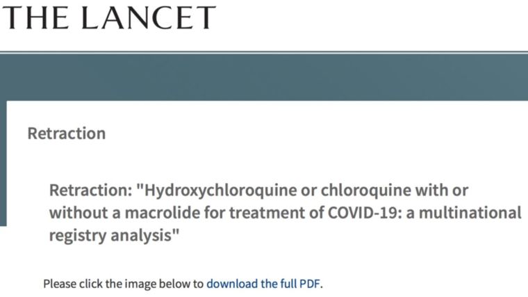 The Lancet
Retraction
Retraction: 'Hydroxychloroquine or chloroquine with or without a macrolide for treatment of COVID-19: a multinational registry analysis'