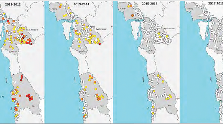 Four maps showing the reduction of malaria cases in the Mon State, Myanmar, between 2011-2012 and 2017-2018