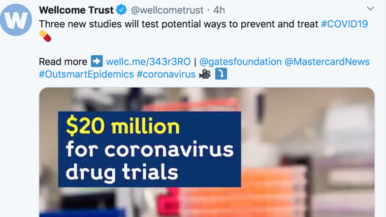 Screenshot of Wellcome Trust tweet showing: 'Three new studies will test potential ways to prevent and treat COVID-19'