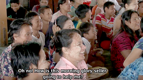 Audience with the subtitle: 'Oh no! How is this morning glory seller going to help me?'