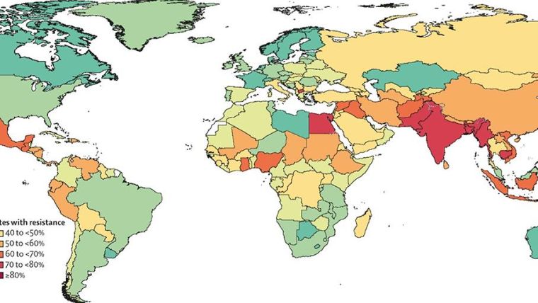 World map of global burden of bacterial antimicrobial resistance, colour-coded by country, showing the percentage of isolates with resistance