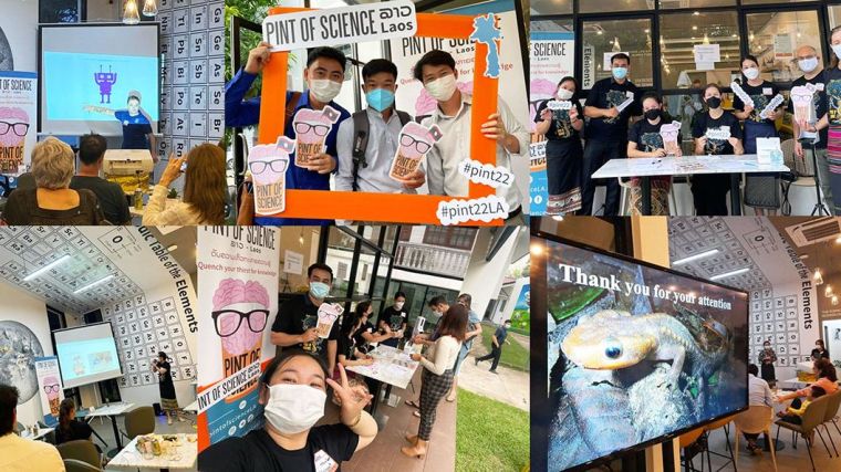 Collage of photos taken during Pint of Science presentation in Vientiane, Laos PDR in May 2022