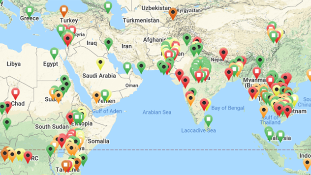 Africa and Asia map with pins showing publications location