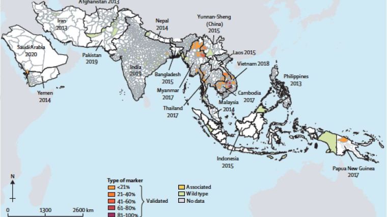 South and Southeast Asia map, showing locations of artemisinin-resistant Plasmodium falciparum malaria in Asia