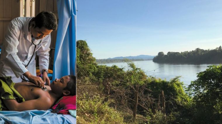 Composite photo, with a doctor and a patient, and a view over the river in the Sekong Province, Lao PDR