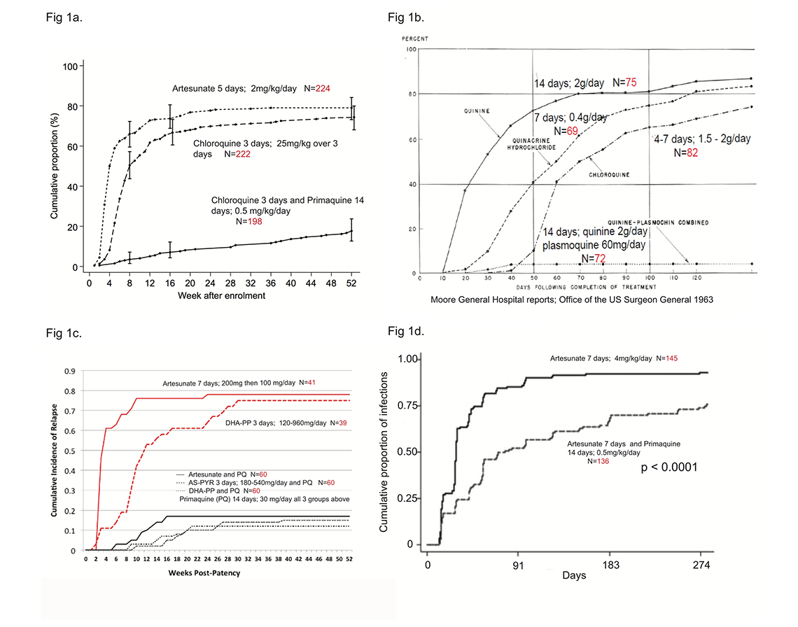 (1a) SMRU study; (1b) US sordiers returning from the Pacific, 1963; (1c) Indonesian sordiers returning from Papua; (1d) children 1-5 living in Papua New Guinea. The cumulative recurrence curve of more slowly eliminated schizonticides (i.e, chloroquine, DHA-PP) is shifted to the right compared to rapidly eliminated schizonticides (i.e, artesunate).