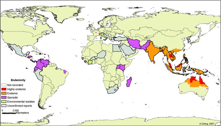 Worldwide distribution of melioidosis, Trans R Soc Trop Med Hyg 2008
