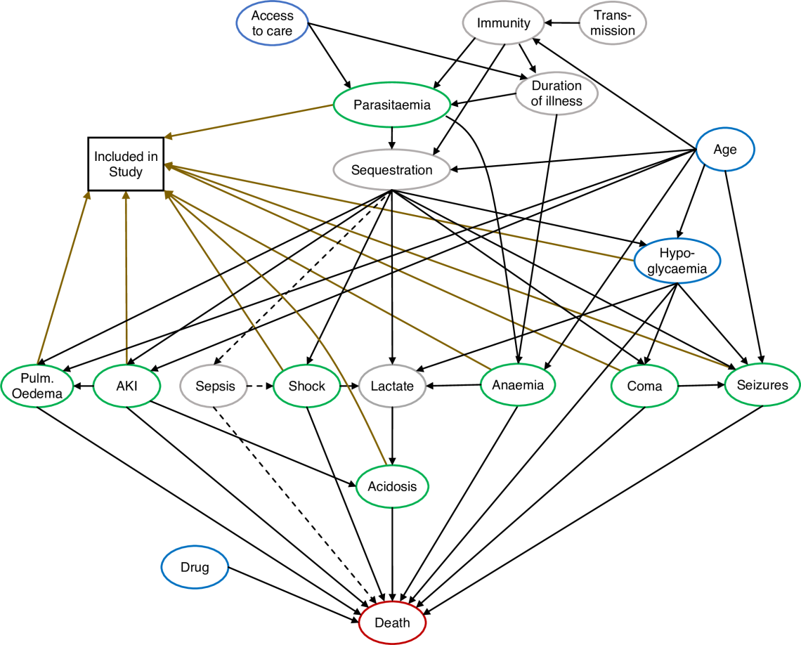 A directed acyclic graph that tries to dissect causal mechanisms leading to death in severe falciparum malaria. The most important part of the causal diagram is in specifying selection biases in severe malaria: "why are certain patients in the dataset and not others?"