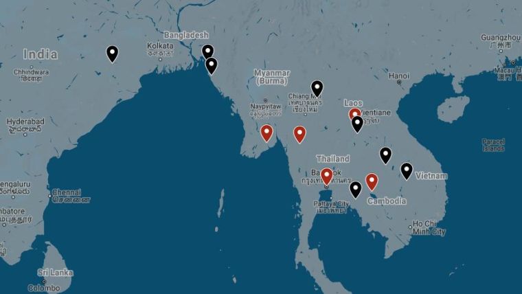 Map showing Malaria MORU study sites in South and Southeast Asia